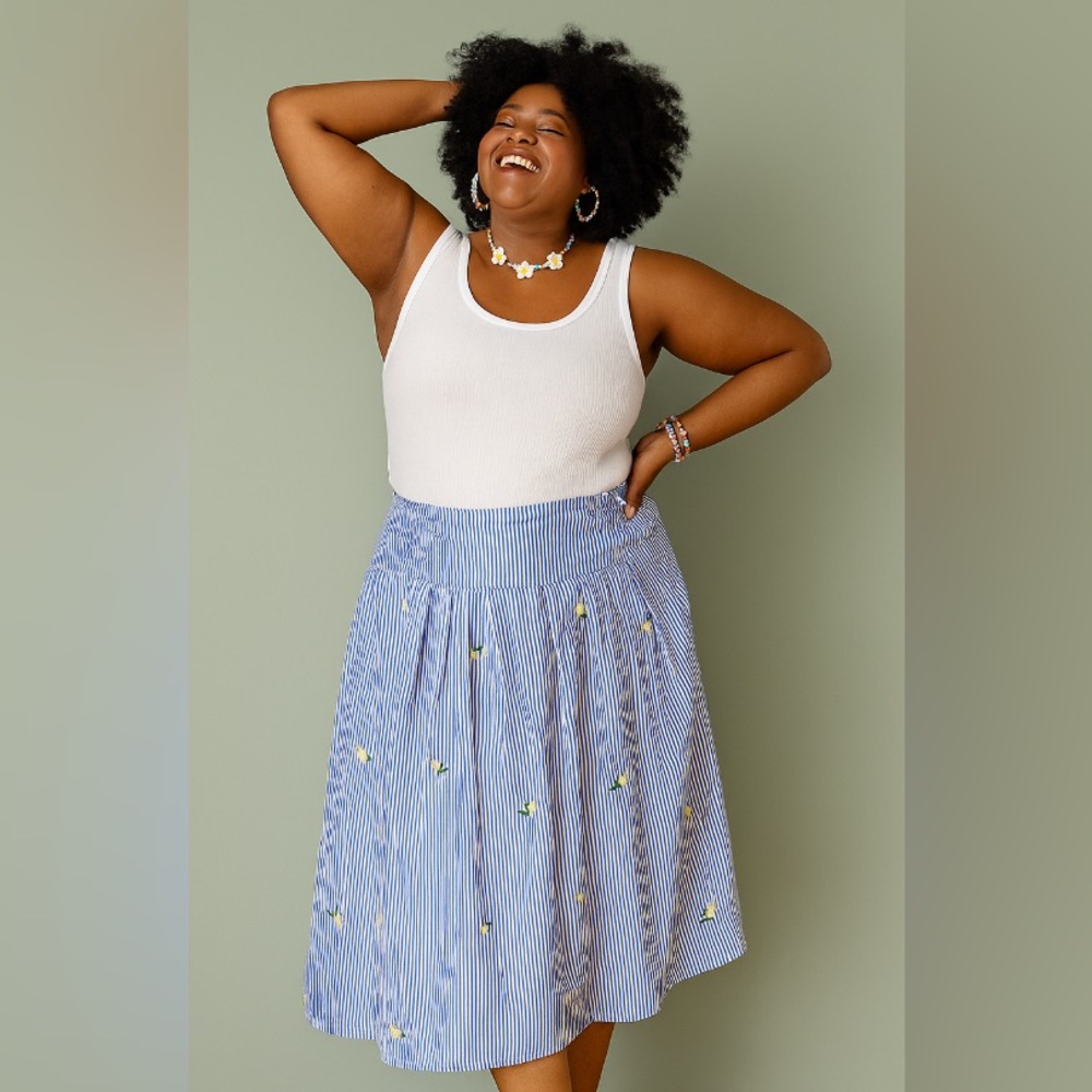 Blue Striped Midi Skirt with Lemon Embroidery